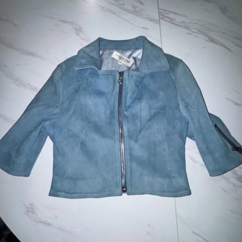 Susan Bender Short Sleeve Moto Nappa Suede Jacket Light Blue Size 4 (Small)